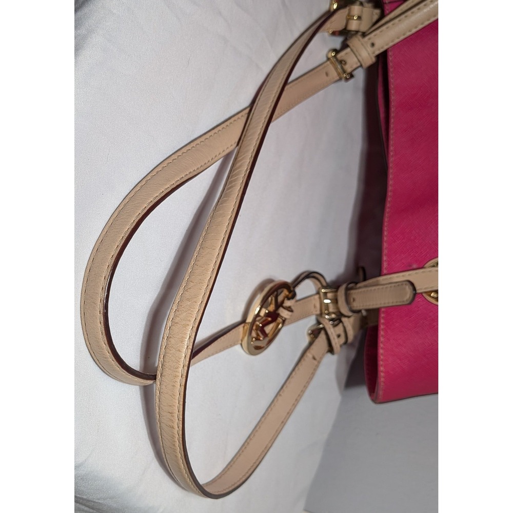 Michael Kors Tote Bag Hot Pink Tan Coated Canvas Leather Handles Jet Set Purse - Picture 9 of 16